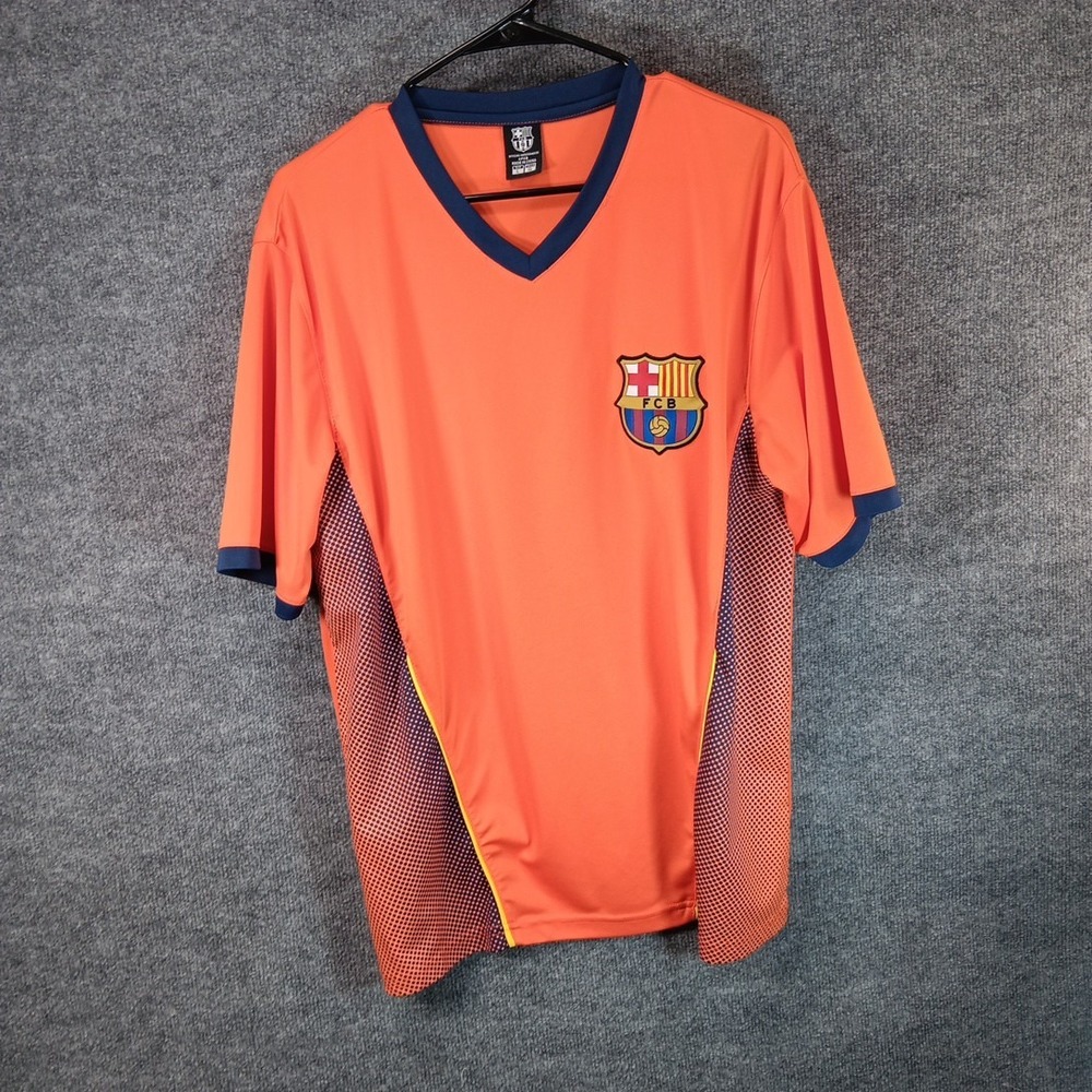 FC Barcelona Soccer Shirt Men Large Orange Blue V-Neck Athletic Official FCB